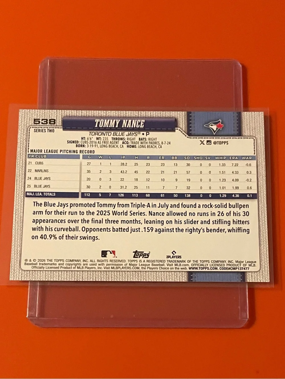 Tommy Nance #538 2026 Topps Series 2 Baseball Trading Card